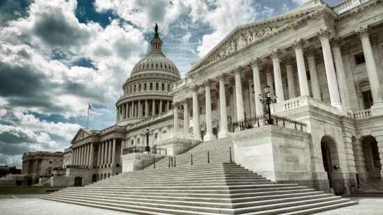 Stark cloudy weather over empty exterior view of the US Capitol
