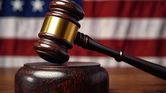 wooden judge gavel poised above matching sound block with a blurred american flag background, conveying solemn authority and justice